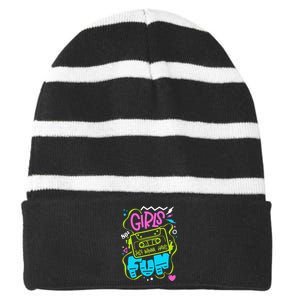 80's Girl Just Wanna Have Fun Nostalgia 1980s Striped Beanie with Solid Band