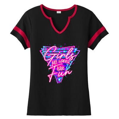 80s Girl Just Wanna Have Fun Nostalgia 1980s Ladies Halftime Notch Neck Tee