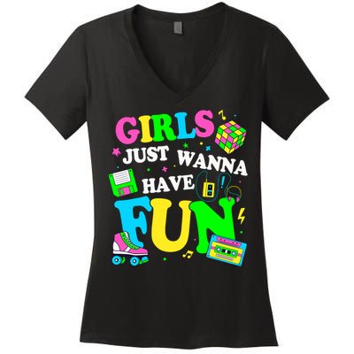 80S Girl Just Wanna Have Fun 1980s Girl Women's V-Neck T-Shirt