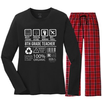 8th Grade Teacher MultiTasking Certified Job Back To School Gift Women's Long Sleeve Flannel Pajama Set 