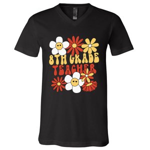 8th Grade Teacher Groovy Eighth Grade Teacher V-Neck T-Shirt