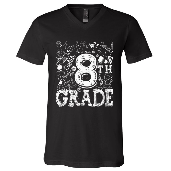 8th Grade Typography Team Teacher Back To School V-Neck T-Shirt