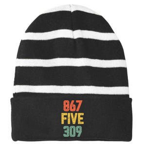 8675309 Nostalgic Funny 80s Retro Music Striped Beanie with Solid Band