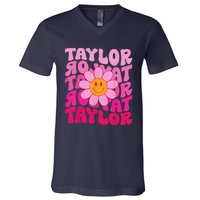 80S Pink Funny Smile Pink Flower Emoji TâYlor Repeat V-Neck T-Shirt