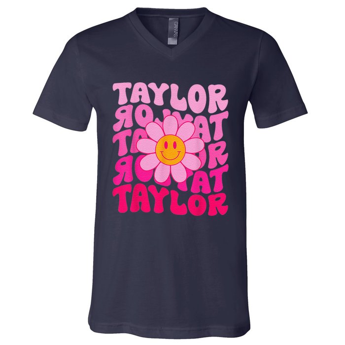 80S Pink Funny Smile Pink Flower Emoji TâYlor Repeat V-Neck T-Shirt