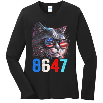 8647 Retro 86 47 Cat Lovers Happy July Fourth Us Ladies Long Sleeve Shirt