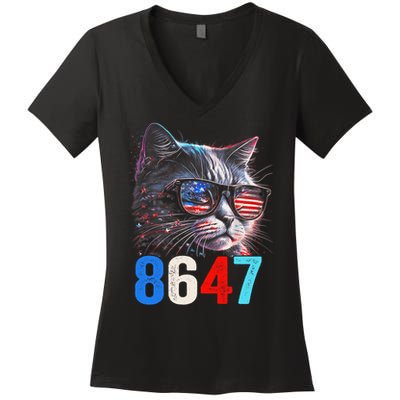 8647 Retro 86 47 Cat Lovers Happy July Fourth Us Women's V-Neck T-Shirt