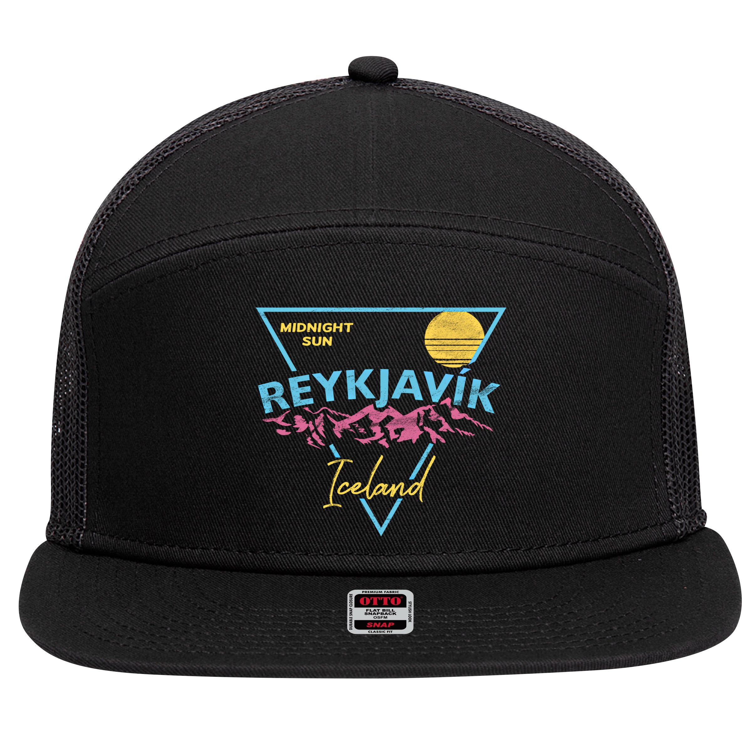 80's Reykjavik Iceland Gift Cute Gift Midnight Sun 7 Panel Mesh Trucker Snapback Hat