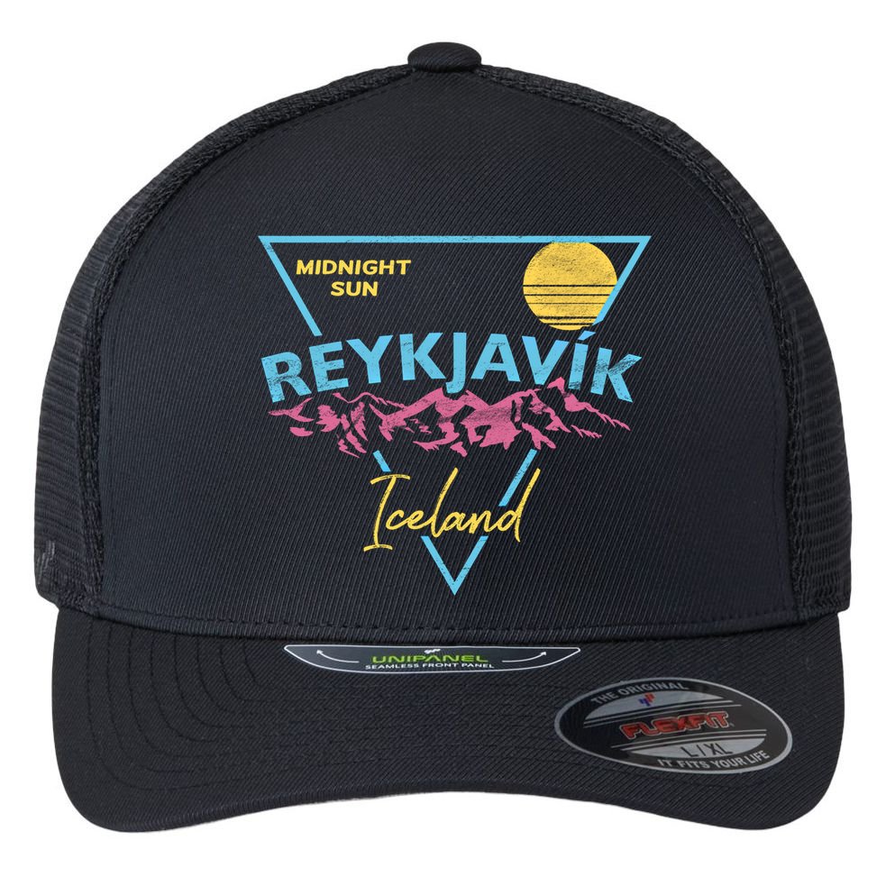 80's Reykjavik Iceland Gift Cute Gift Midnight Sun Flexfit Unipanel Trucker Cap