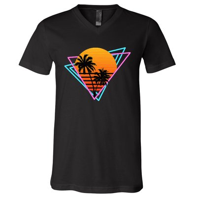 80s Retro Palm Tree Sunset Nostalgic Vintage Sunset V-Neck T-Shirt