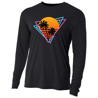 80s Retro Palm Tree Sunset Nostalgic Vintage Sunset Cooling Performance Long Sleeve Crew