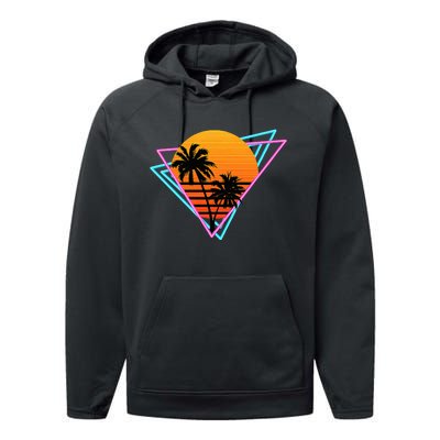 80s Retro Palm Tree Sunset Nostalgic Vintage Sunset Performance Fleece Hoodie