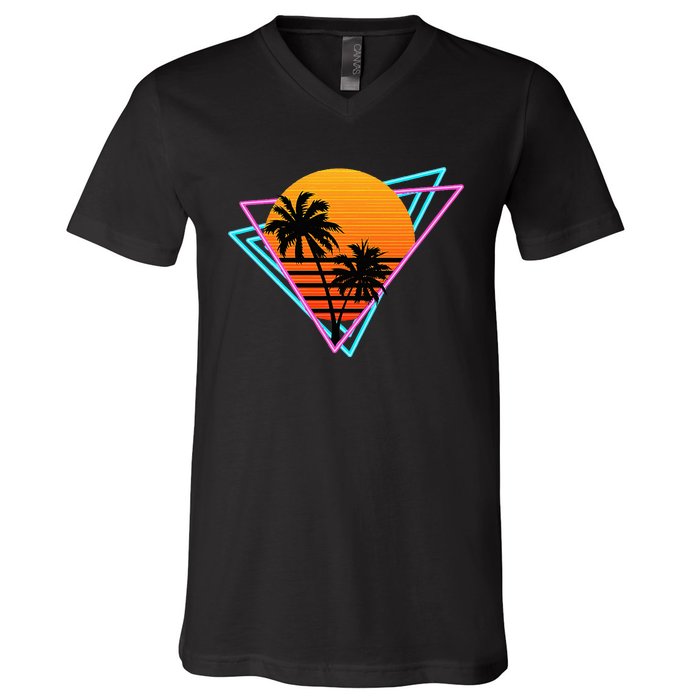 80s Retro Palm Tree Sunset Nostalgic Vintage Sunset V-Neck T-Shirt