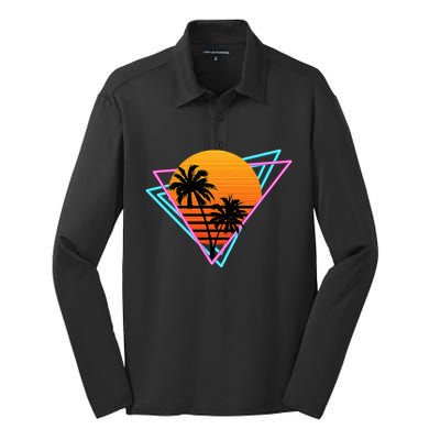 80s Retro Palm Tree Sunset Nostalgic Vintage Sunset Silk Touch Performance Long Sleeve Polo