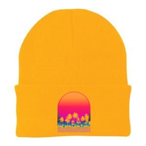 80s Vaporwave Retro Palm Trees Sunset Knit Cap Winter Beanie