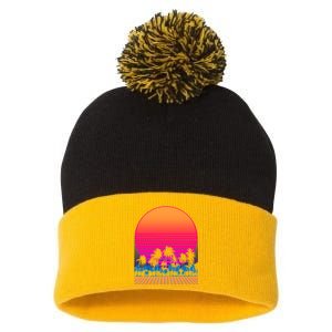 80s Vaporwave Retro Palm Trees Sunset Pom Pom 12in Knit Beanie