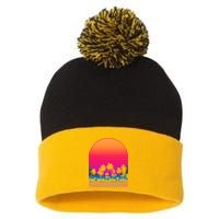 80s Vaporwave Retro Palm Trees Sunset Pom Pom 12in Knit Beanie