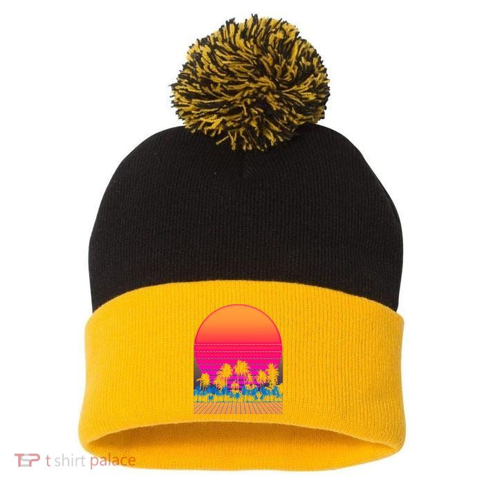 80s Vaporwave Retro Palm Trees Sunset Pom Pom 12in Knit Beanie