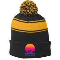 80s Vaporwave Retro Palm Trees Sunset Stripe Pom Pom Beanie