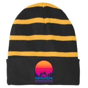 80s Vaporwave Retro Palm Trees Sunset Striped Beanie with Solid Band