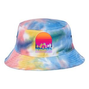 80s Vaporwave Retro Palm Trees Sunset Tie Dye Newport Bucket Hat