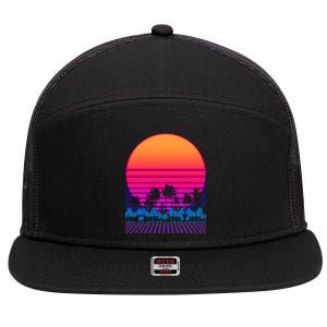 80s Vaporwave Retro Palm Trees Sunset 7 Panel Mesh Trucker Snapback Hat