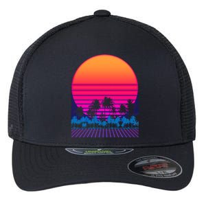 80s Vaporwave Retro Palm Trees Sunset Flexfit Unipanel Trucker Cap