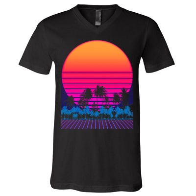 80s Vaporwave Retro Palm Trees Sunset V-Neck T-Shirt