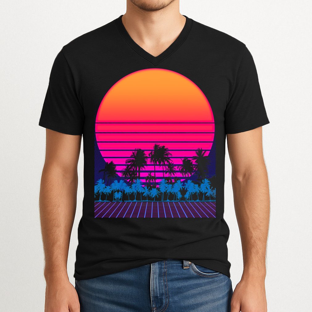 80s Vaporwave Retro Palm Trees Sunset V-Neck T-Shirt