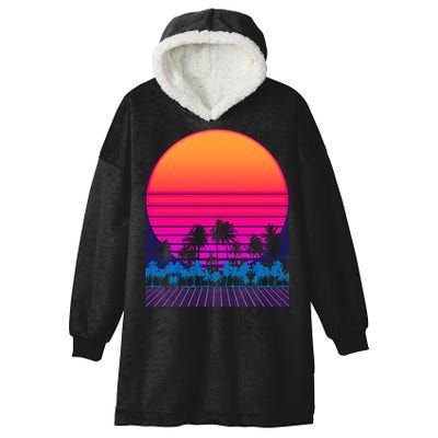 80s Vaporwave Retro Palm Trees Sunset Hooded Wearable Blanket