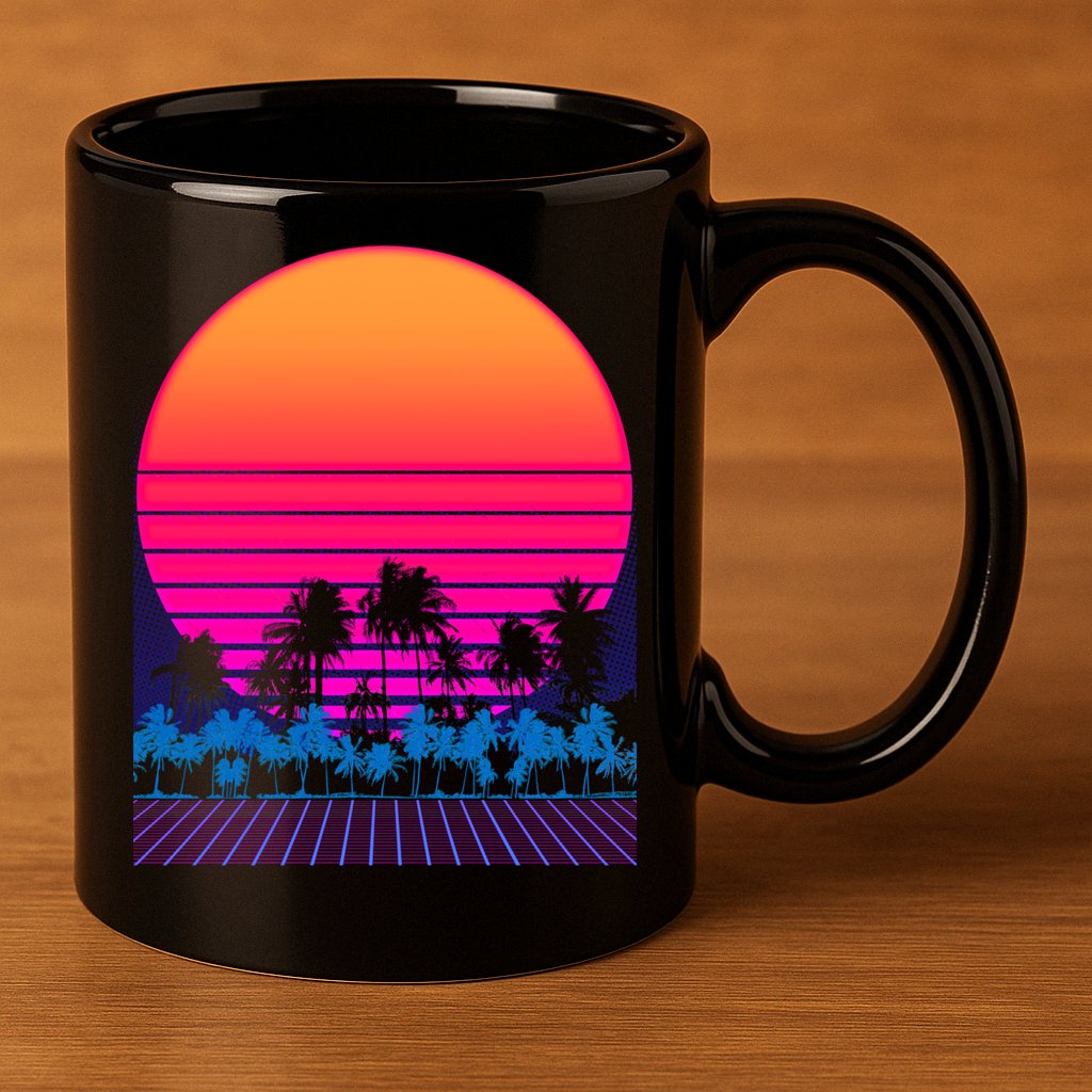 80s Vaporwave Retro Palm Trees Sunset 11oz C Handle Ceramic Mug