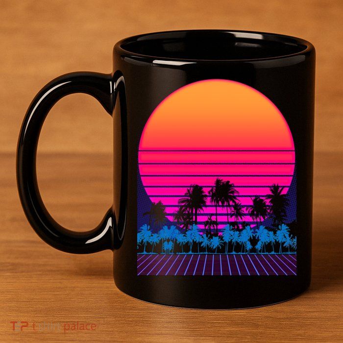 80s Vaporwave Retro Palm Trees Sunset 11oz C Handle Ceramic Mug