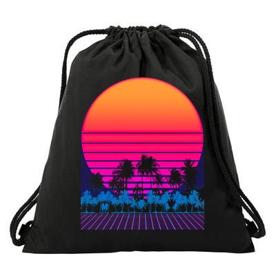 80s Vaporwave Retro Palm Trees Sunset Drawstring Bag