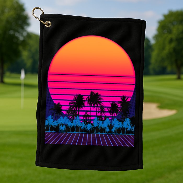 80s Vaporwave Retro Palm Trees Sunset Golf Towel