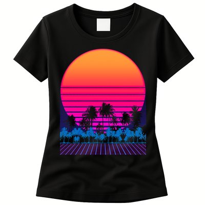 80s Vaporwave Retro Palm Trees Sunset Womens T-Shirt