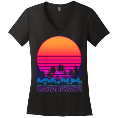 80s Vaporwave Retro Palm Trees Sunset Women's V-Neck T-Shirt