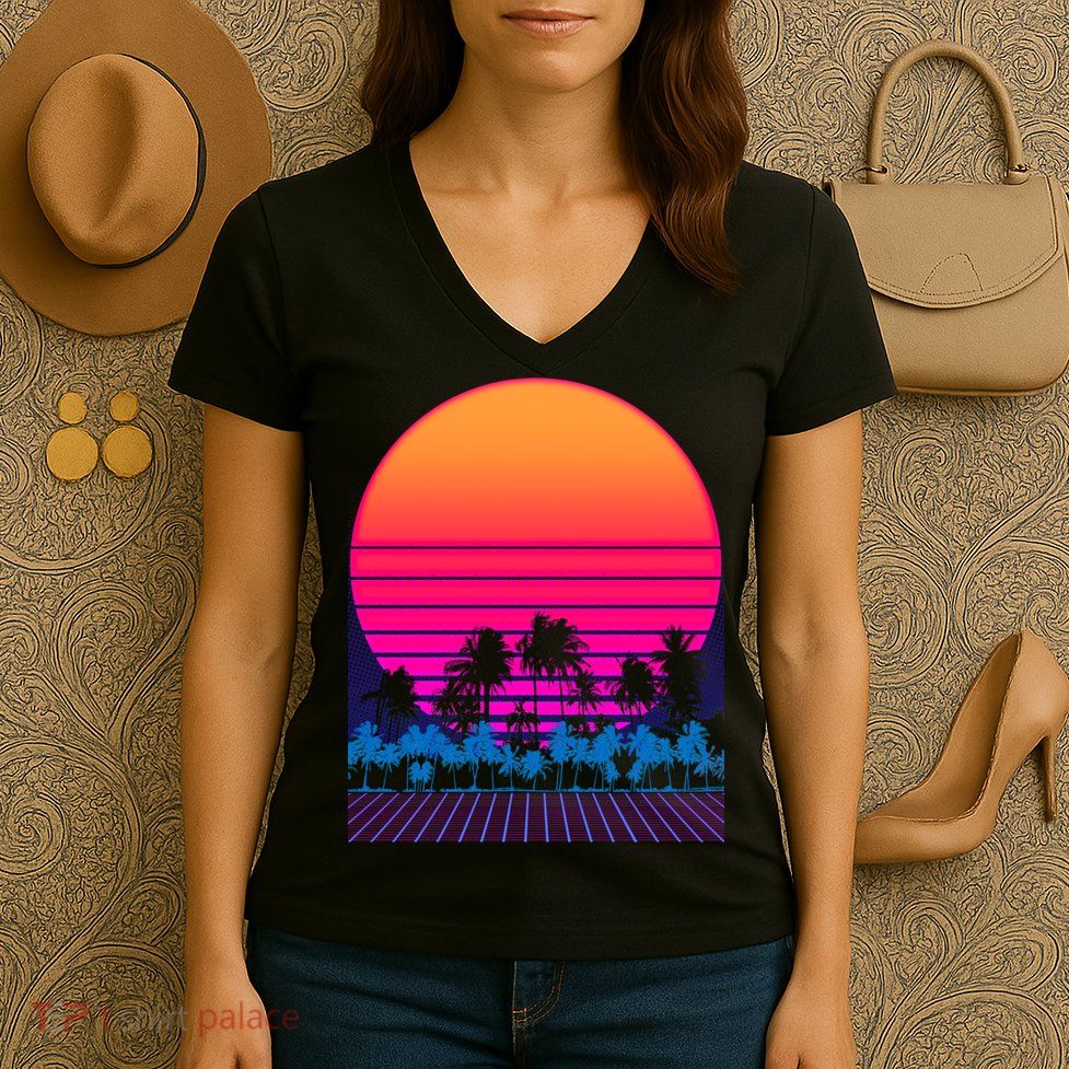 80s Vaporwave Retro Palm Trees Sunset Women's V-Neck T-Shirt