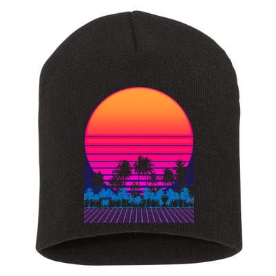 80s Vaporwave Retro Palm Trees Sunset Short Acrylic Beanie