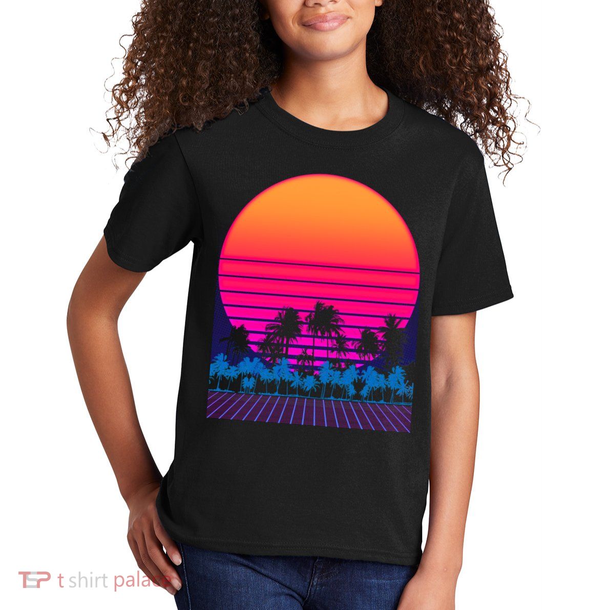 80s Vaporwave Retro Palm Trees Sunset Kids T-Shirt