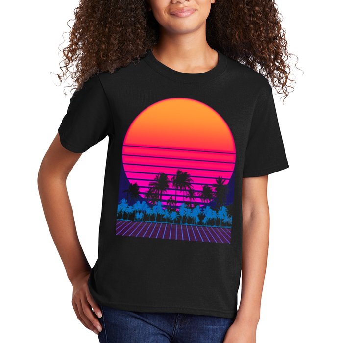 80s Vaporwave Retro Palm Trees Sunset Kids T-Shirt