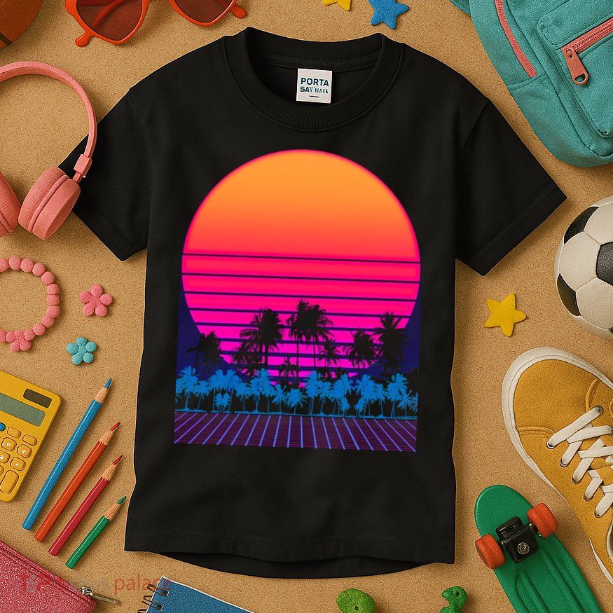 80s Vaporwave Retro Palm Trees Sunset Kids T-Shirt