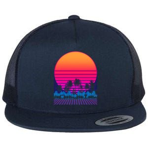 80s Vaporwave Retro Palm Trees Sunset Flat Bill Trucker Hat