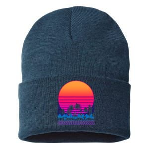 80s Vaporwave Retro Palm Trees Sunset Sustainable Knit Beanie