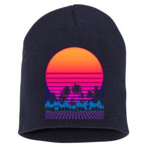 80s Vaporwave Retro Palm Trees Sunset Short Acrylic Beanie