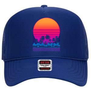 80s Vaporwave Retro Palm Trees Sunset High Crown Mesh Back Trucker Hat