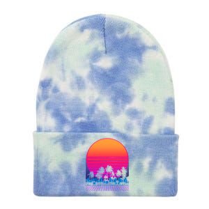 80s Vaporwave Retro Palm Trees Sunset Tie Dye 12in Knit Beanie