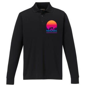 80s Vaporwave Retro Palm Trees Sunset Performance Long Sleeve Polo