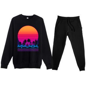 80s Vaporwave Retro Palm Trees Sunset Premium Crewneck Sweatsuit Set