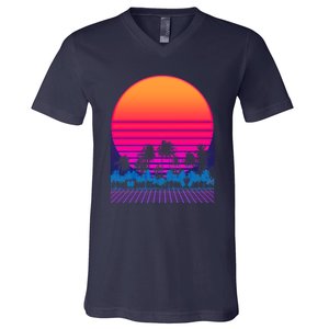 80s Vaporwave Retro Palm Trees Sunset V-Neck T-Shirt