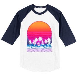 80s Vaporwave Retro Palm Trees Sunset Baseball Sleeve Shirt